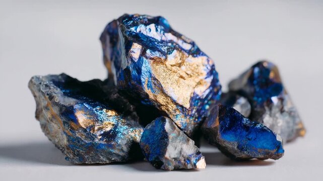 186Macro image of titanium ore fragments with subtle blue sheen, sharp contrast against white minimalist background