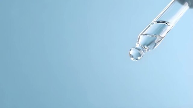 Clear dropper dripping liquid on blue background. Science, medicine, or cosmetic product concept.