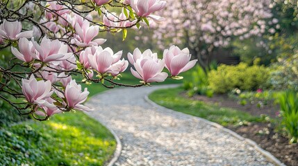 An HD view of a pale pink magnolia tree growing beside a winding garden path