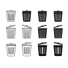 Diverse collection of trash bin illustrations in black and white sketch style