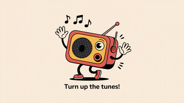 Groovy vintage radio character dancing to upbeat music, perfect for retro themes, music promotions, and fun social media content that brings a smile to your audience