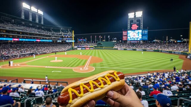 Hand holding hot dog at baseball game under stadium lights  