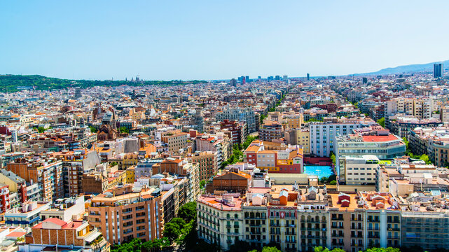 Barcelone, Spain - July 12 2025: The panorama view of Eixample District of Barcelone from the tower of the Sagrada Famillia Basilique