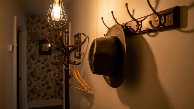 Vintage hallway with hat and coat hooks under warm lighting  