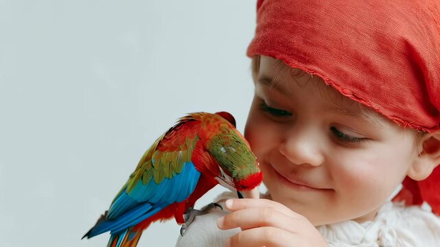 Young child with red bandana smiling and looking at a beautiful parrot. Child and bird friendship for pet concept.