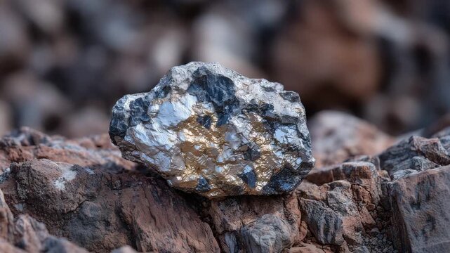 190Close-up of platinum and palladium ore in its natural rocky matrix, tiny crystalline facets reflecting ambient light, symbolizing raw rare earth materials