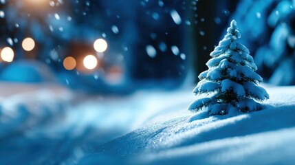 Snow-covered trees with blurred lights in the background, creating a serene winter atmosphere.