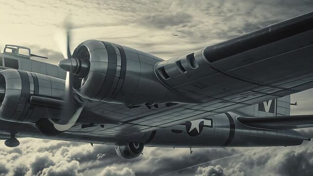 Historic B-17 Flying Fortress Bomber Aircraft Formation in Cloudy Sky, Reflecting World War II Air Combat and Aviation History