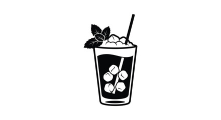 A refreshing iced drink with mint garnish and ice cubes a striking black silhouette