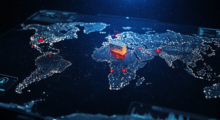 Digital world map glowing with blue light and red hotspots indicating global data flow, network activity, or crisis areas on a dark technological background, representing connectivity