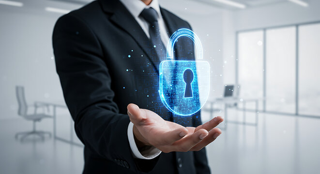 Businessman in suit holding glowing digital padlock icon symbolizing data security, privacy, and protection concept in modern office environment