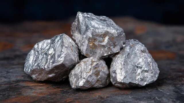 192Close-up of raw platinum nuggets displayed on a dark background, cool silver tones highlighted by soft gradient lighting