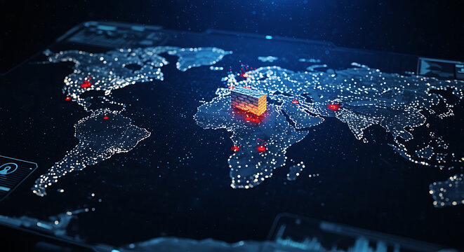 Digital world map glowing with blue light and red hotspots indicating global data flow, network activity, or crisis areas on a dark technological background, representing connectivity - Powered by Adobe