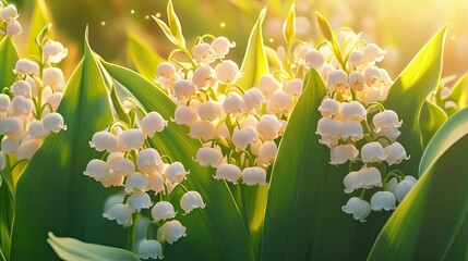 Dynamic clusters of pastel lilies-of-the-valley basking in warm sunlight