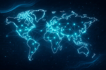 Futuristic glowing digital world map with neon connected network points on dark background