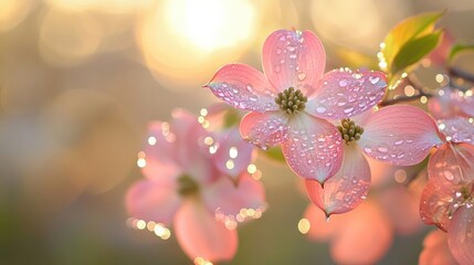 Dewdrops glistening on light pink dogwood petals