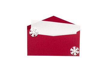 Red envelope with white card and paper snowflakes, open, isolated on white background, festive and elegant