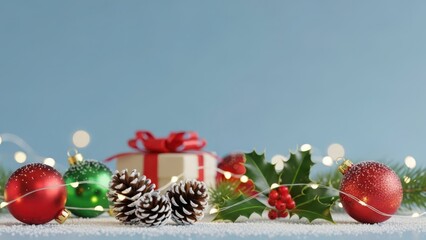 Festive christmas decorations with gifts and lights on a blue background