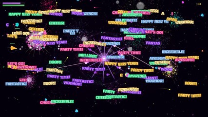 Vibrant sci-fi themed celebration filled with colorful words in a cosmic background at a late-night virtual party