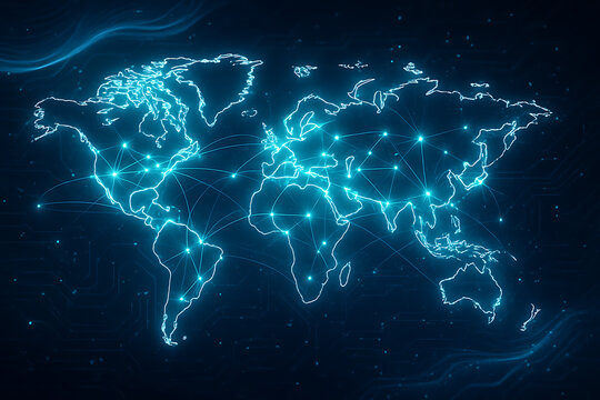 Futuristic glowing digital world map with neon connected network points on dark background