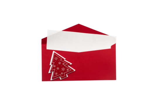 Red envelope with white card and Christmas tree decoration, open, isolated on white background, festive and elegant