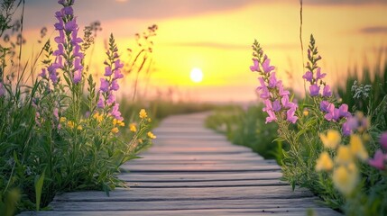 Lavender and pastel yellow snapdragons growing along the edges of a rustic wooden footbridge