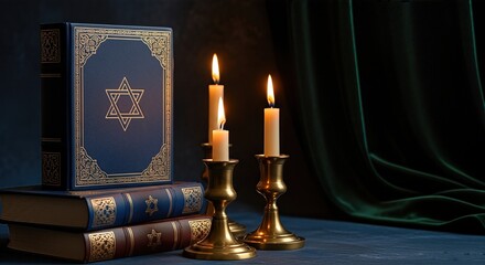 Beautifully arranged Jewish prayer books with a Star of David symbol, accompanied by lit candles on a wooden table, creating a serene atmosphere for religious observance and reflection