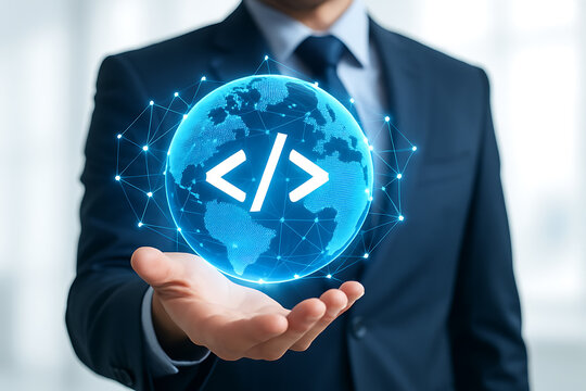 Futuristic software development concept showing coding hologram globe and technology - Powered by Adobe