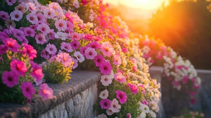 Rows of dense pastel petunias cascading over a stone balcony under the warm orange glow of the setting sun