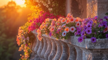 Rows of dense pastel petunias cascading over a stone balcony under the warm orange glow of the setting sun