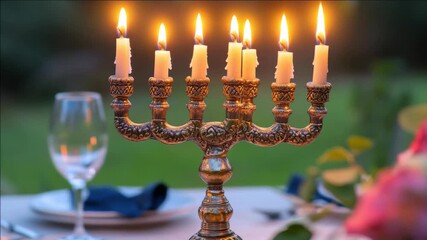 A traditional candle holder for the Jewish holiday of Chanukkah, featuring a menorah design and multiple lit candles.