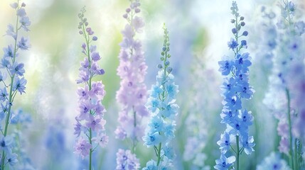 Rows of tall pastel delphiniums reaching skyward in a radiant garden