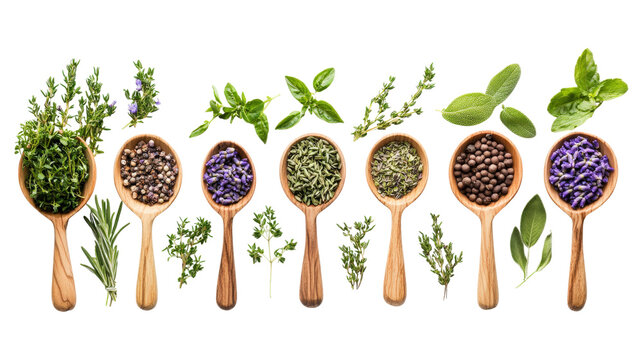 Wooden spoons with herbs and spices isolated on a transparent background