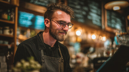 A relaxed barista with glasses and a beard smiles while reviewing a menu in a cozy cafe, surrounded by warm lighting and a cheerful atmosphere.
