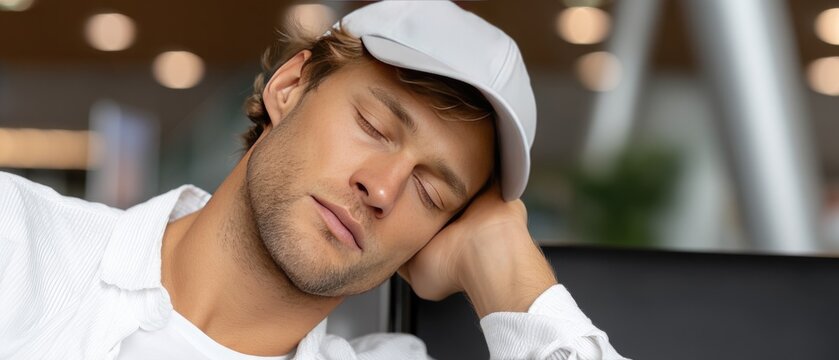 Tired traveler rests on bench in airport waiting area with luggage while waiting for flight