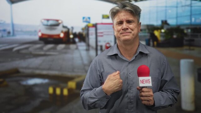 Man reporter holding microphone and hand to chest gesture at airport dropoff with red mic labeled news; concern duty.