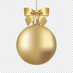 Golden Christmas tree ball with a bow, isolated vector illustration
