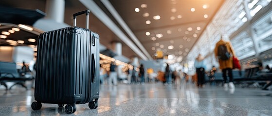 Black suitcase waiting at airport terminal while a blurred passenger walks by in a busy travel environment during daytime