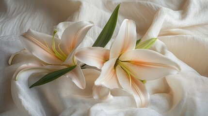A bouquet of pastel lilies resting on soft linen