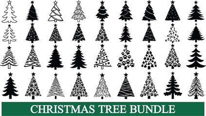 Collection of Different Black and White Evergreen Trees Silhouette with Star on Top Isolated on Transparent Background 