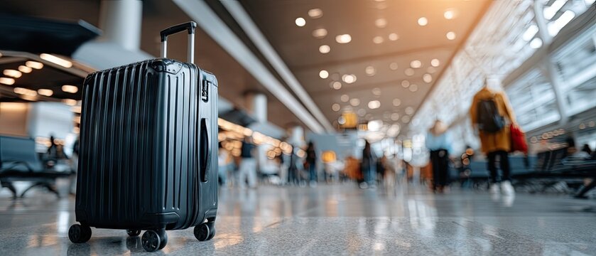 Black suitcase waiting at airport terminal while a blurred passenger walks by in a busy travel environment during daytime - Powered by Adobe