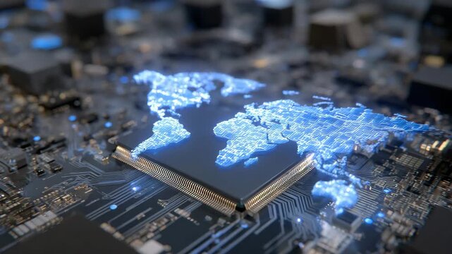 206Detailed top-down view of a CPU with world map lines glowing along its circuitry, ultrafine soldered elements and neon accents symbolizing global semiconductor trade
