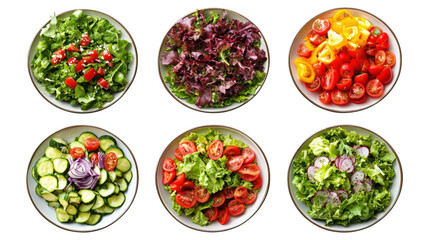 Six bowls of fresh salad isolated on a transparent background