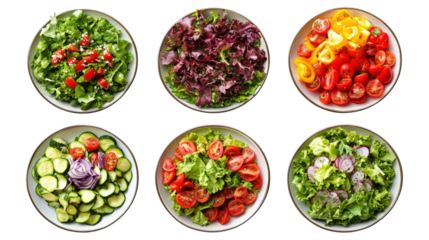 Six bowls of fresh salad isolated on a transparent background