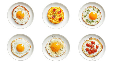 Six different egg dishes on white plates isolated on a transparent background