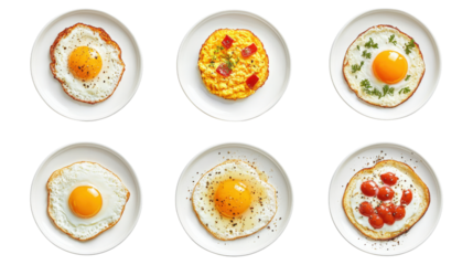 Six different egg dishes on white plates isolated on a transparent background
