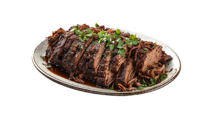 Sliced Braised Beef Brisket with Herbs isolated on a transparent background