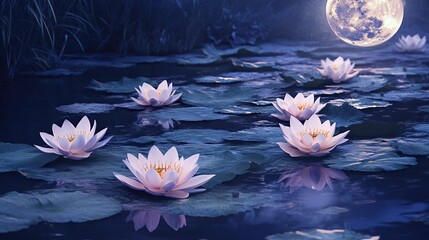 A calming moonlit scene where pastel-colored lotus flowers float on a tranquil pond