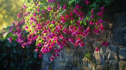 A cascading wall of pastel fuchsias growing organically over an old stone wall