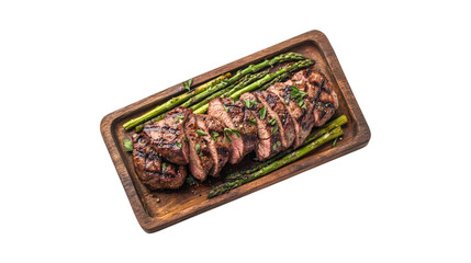 Sliced grilled steak with asparagus isolated on a transparent background